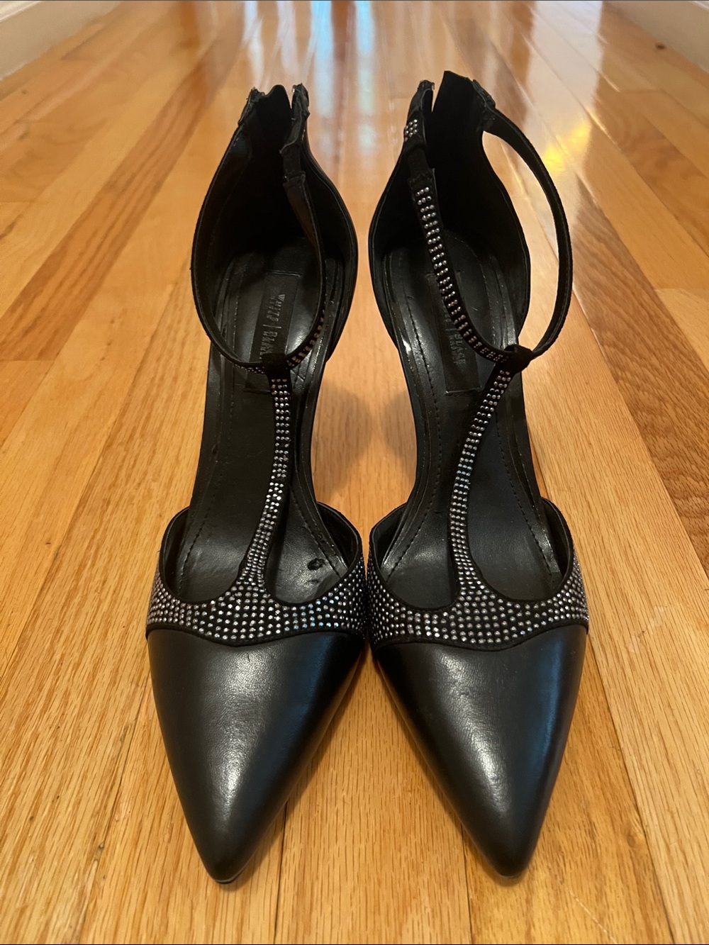 White House Black Market Black Pointed T-Strap Heels with Rhinestone Trim